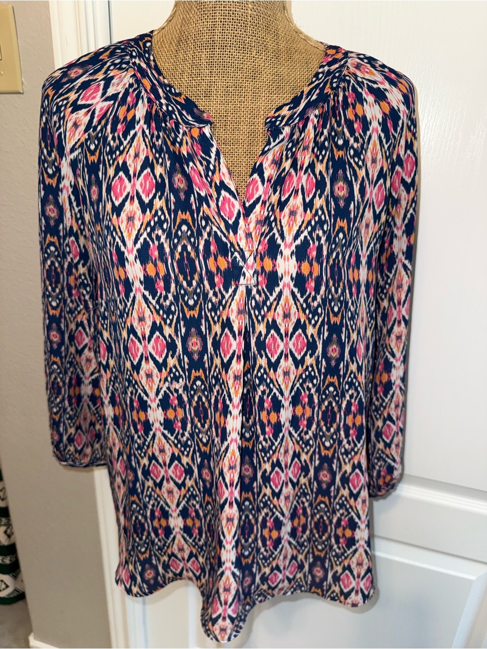 Women's Ikat V-Neck Tunic Top in Navy with Pink & White Accents